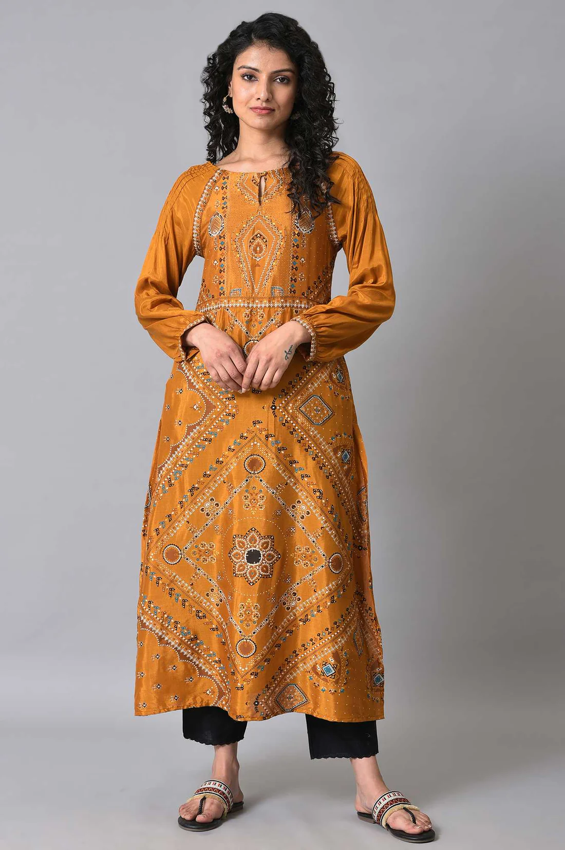 Mustard Embroidered Straight Rayon Kurta